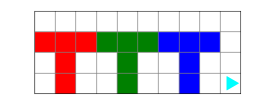 Three colored Ts using these same colors, bit ending in the bottom right