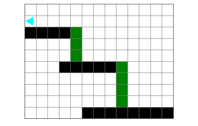 bit at the top left side, with green squares connecting the platforms in columns