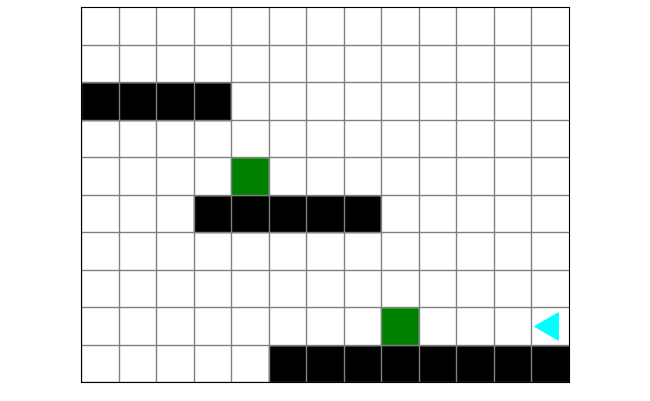 three platforms of black squares, with a single green square on the bottom two. Bit starts on the bottom right, platforms ascend to the left