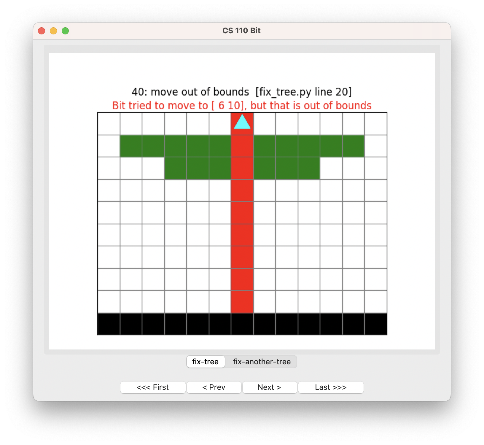Bit paints a column of red squares, going through the green squares all the way to the top of the world. Displays a move out of bounds error
