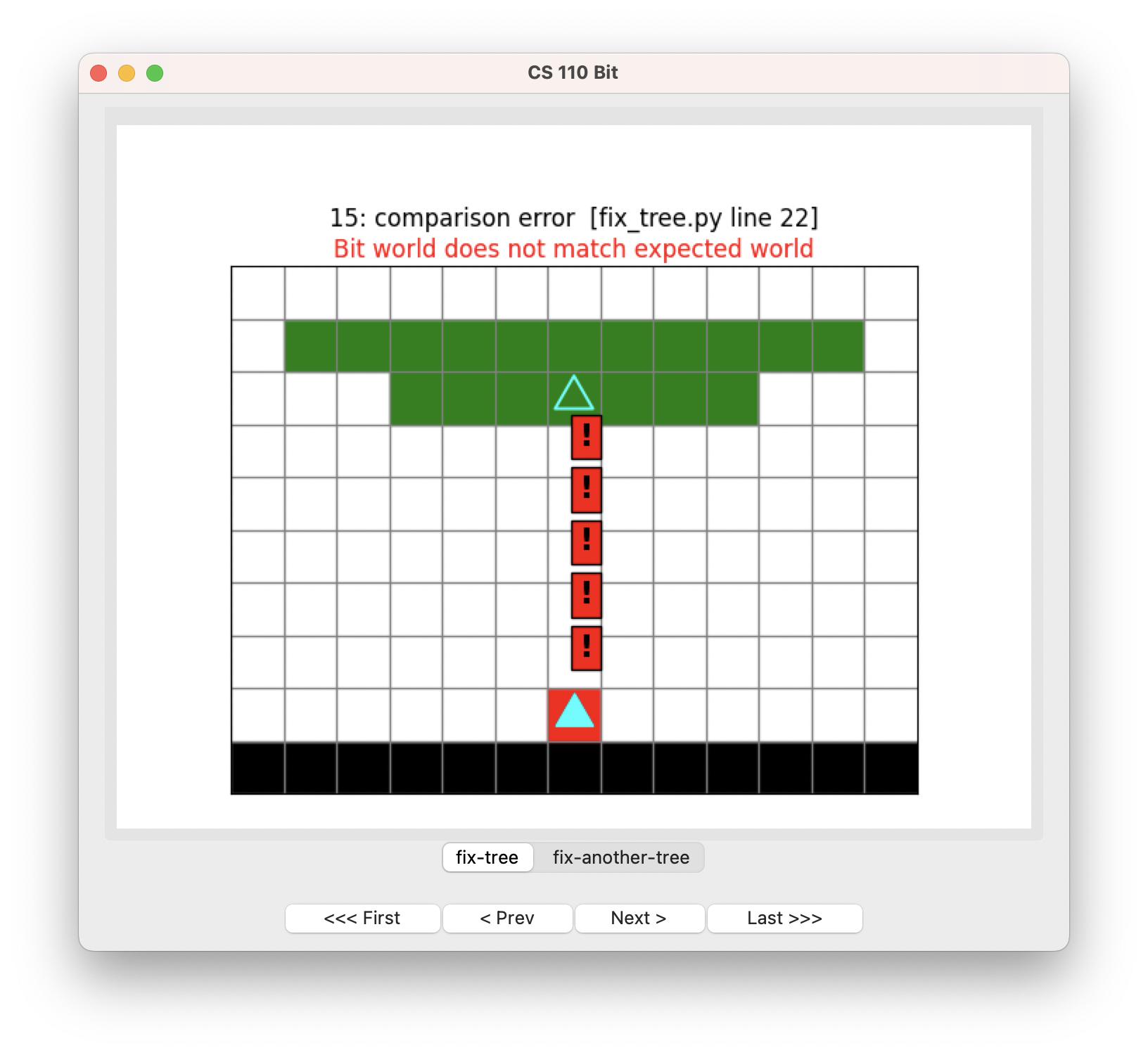 bit is now on the red square facing upwards, exclamation points with red backgrounds showing where red squares should be.