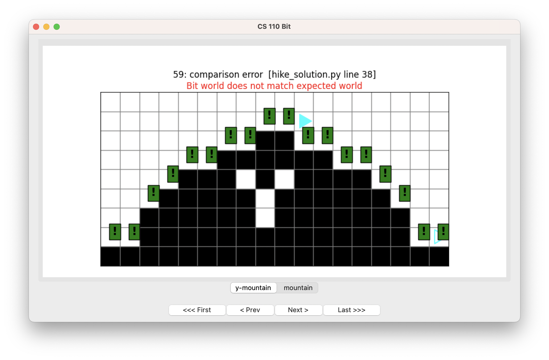 Bit goes up the mountain, but stops once it reaches the top. It does not paint green along the way