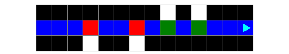 the same world, with blue down the middle, except if there is a hole on the bottom the square is painted red and if there is a hole on the top the square is painted green. Bit ends on the right