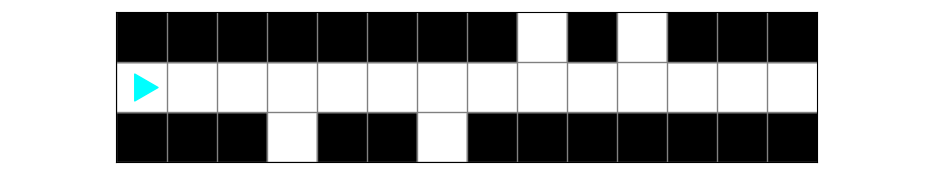 a long world 3 rows high, bit in the middle row on the left. In the top and bottom rows there are black squares, with some squares white
