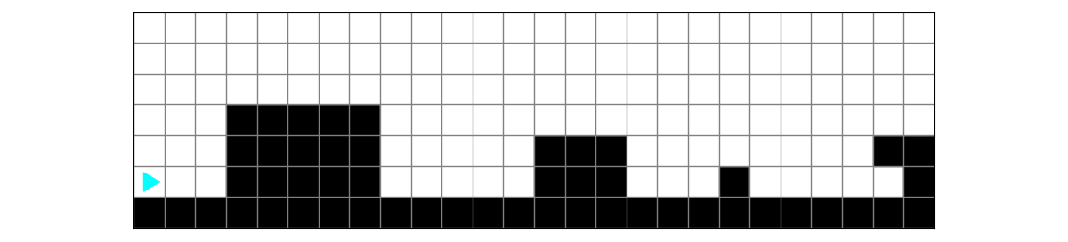 A large world, the bottom row of the world is all black squares. Bit starts on the left in the 2nd row from the bottom, with rectangles made up of black squares ahead