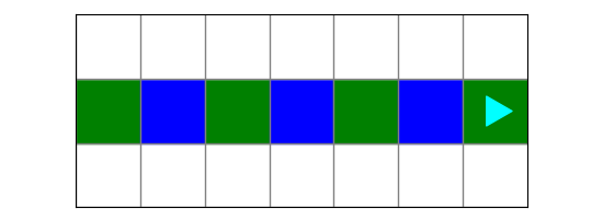 the same world, with red squares turned to blue and white squares turned to green, bit ending on the right