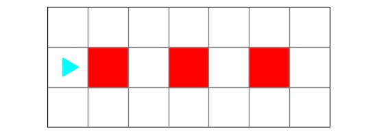 7 by 3 world with bit in the middle row on the left, three red squares in the same row, with a white square in between each
