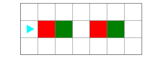 7 by 3 world with bit starting in the middle row on the left, red and green squares in the same row