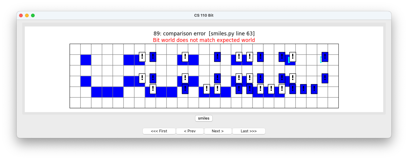 lots of misplaced blue squares, and lots of errors. Exclamation points on white background show where a white square should be, and exclamation points on a blue background show where a blue square should be.