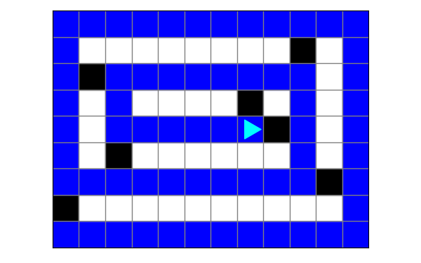 Bit has moved in a spiral, painting blue along the way. Bit turns whenever encountering a black square or the side of the world