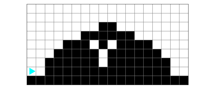 A large world, with a mountain made up of black squares in the center. Bit starts on the left