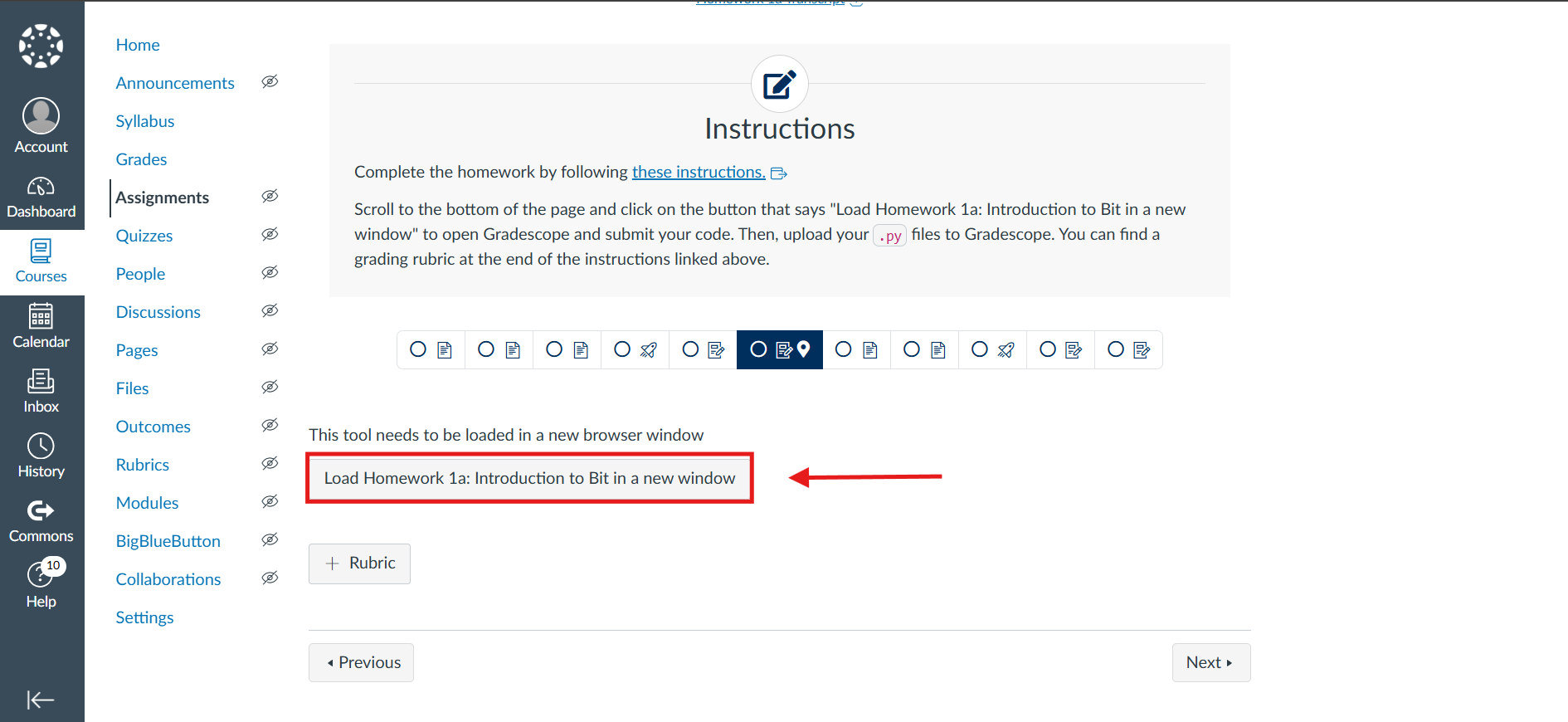 Gradescope submission button on canvas