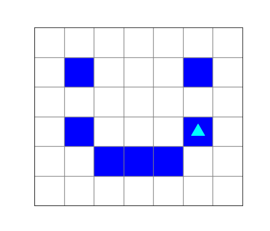 the same world, with a blue square in the third row from the bottom and second column from the left, three blue squares in the second row starting in the 3rd column, and one blue square in the third row and the 2nd column from the right