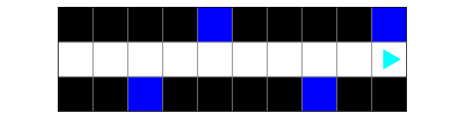 The empty spaces in the top and bottom row of the previous world have been changed to blue, bit ending on the right in the middle row