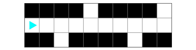 A world 3 squares tall, Bit starting in the middle row, with black squares in the top and bottom row with some empty spaces