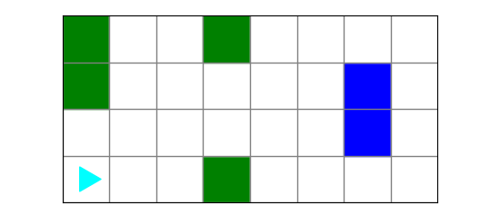 a world with some green and blue squares, placed randomly with bit in the bottom left