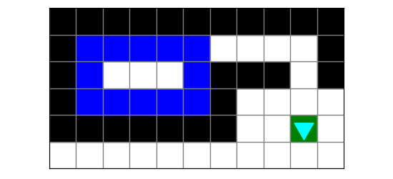 Bit paints a blue box in the room, then follows the passageway and stops on the green square. Bit does not paint the passageway