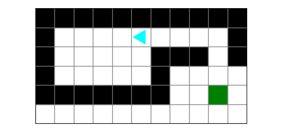 Bit is in a room made of black squares, with one passageway leading to a green square. The passageway is on the right, and turns downwards once, with the green square at the end.