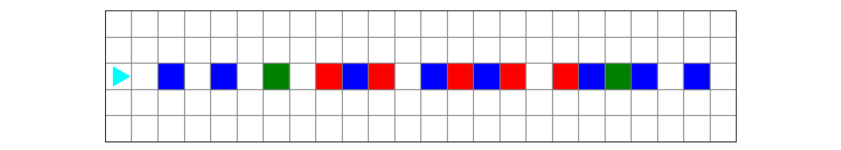 a world with blue, green and red squares in the same row as bit, bit starting on the left