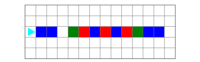 a different world with blue, green, and red squares in the same row as Bit, bit starting on the left