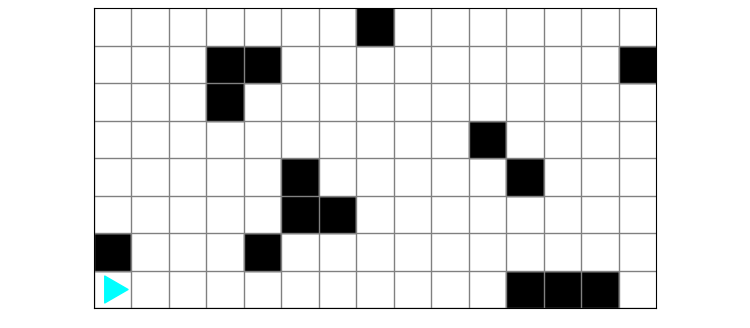 Bit in a large world with some black squares scattered throughout, bit starting in the bottom left