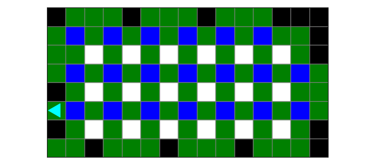 The path that Bit takes, painted with green and blue squares, bit ending on the left, three rows from the bottom.