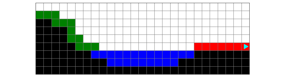 a path following the mountain down painted green and a path painted red across the flat row. Bit ends on the right