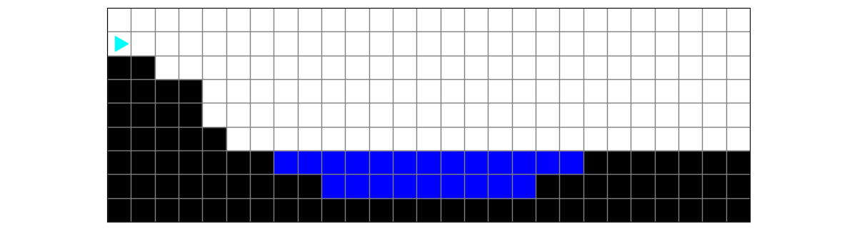 a mountain going down marked by black squares, then a river marked by blue squares, then a flat street marked by a row of black squares. Bit starts on the left, above the topmost black square.