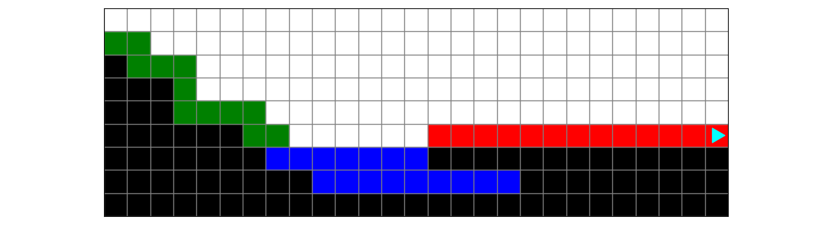 a path following the mountain down painted green and a path painted red across the flat row. Bit ends on the right