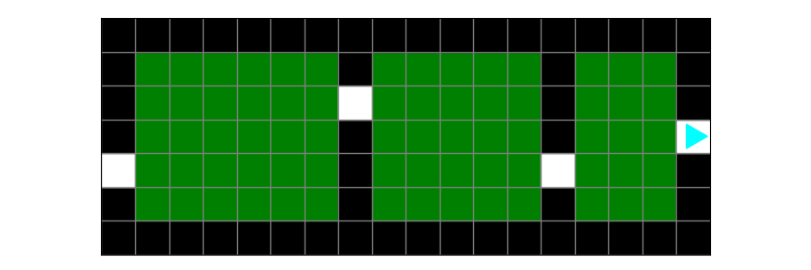 Each field inside of the black rectangles have been painted green, the empty squares leading to the next field are still white. Bit ends in an empty square on the right