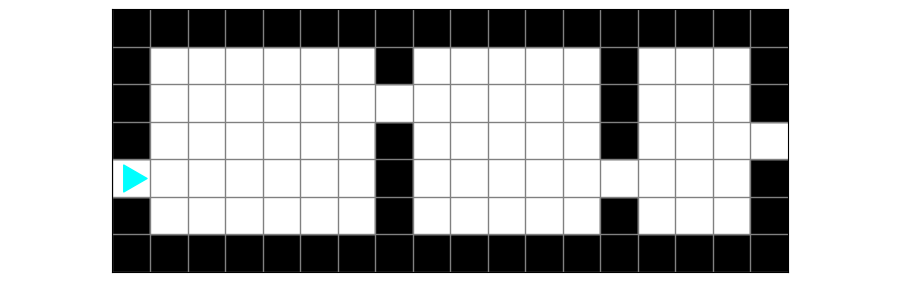 Three rectangular soccer fields, marked by black squares, with an empty square leading to the next field. Bit starts in an empty square on the left