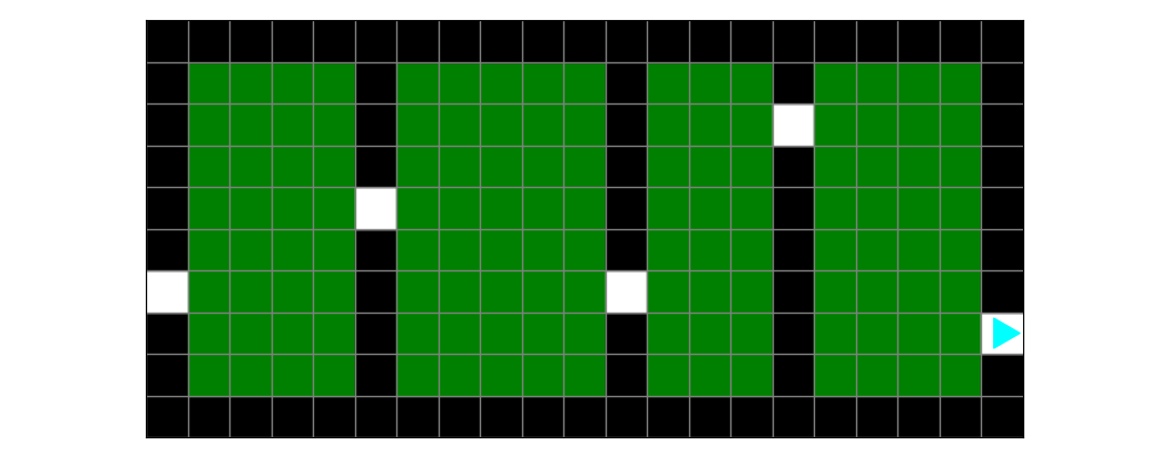 Each field inside of the black rectangles have been painted green, the empty squares leading to the next field are still white. Bit ends in an empty square on the right