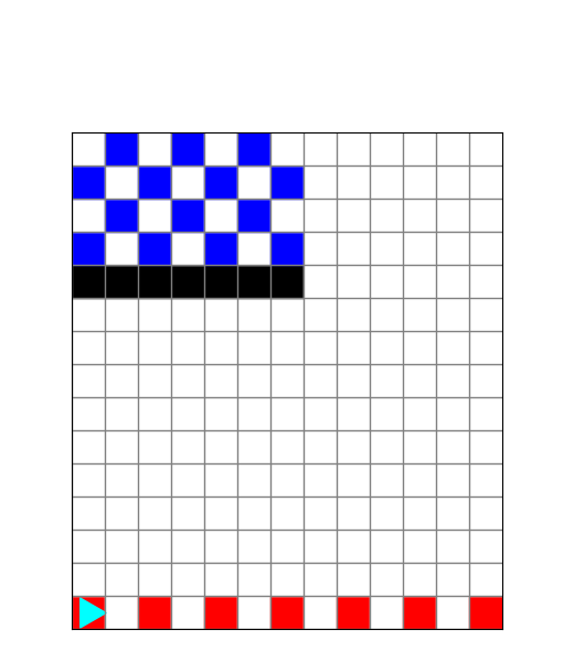 The bottom row has red squares seperated by white sqaures, and the top left has a black row above which are blue squares. Bit starts in the bottom left.