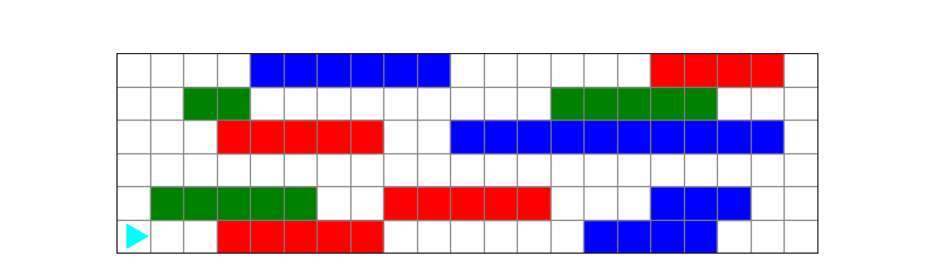 all lines are complete in each row, with the white squares in between colored squares being painted that color. Bit ends in the bottom left.