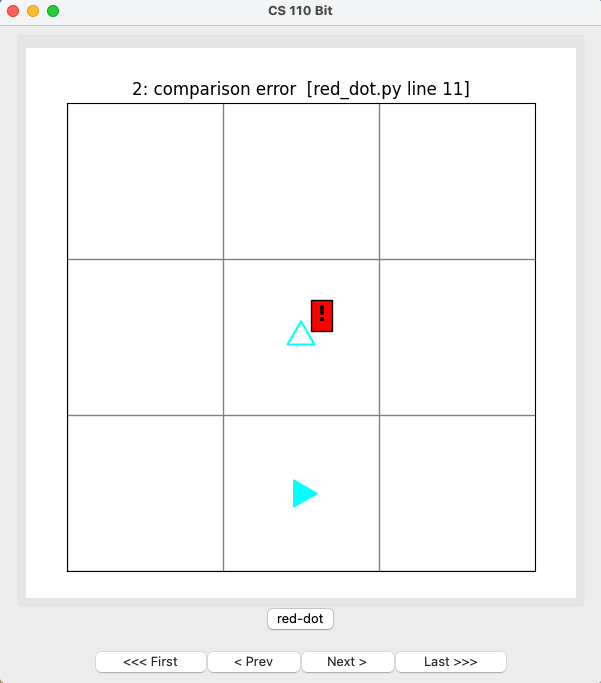 3 by 3 bit world with bit in the bottom middle, the middle square showing an outline of bit and a red exclamation point: a comparison error