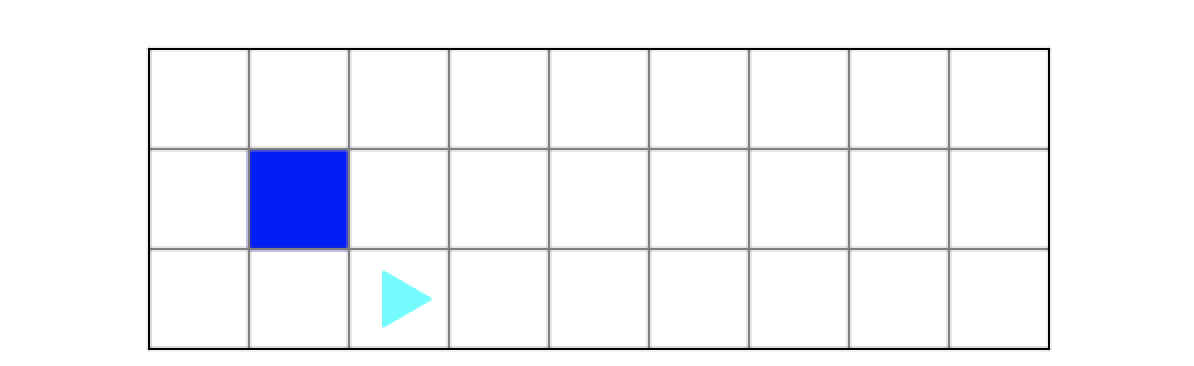 9 by 3 bit world with one blue dot in the middle row, second from the left
