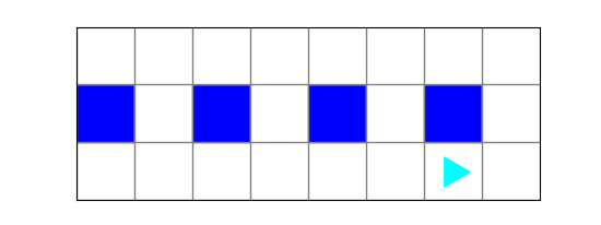 four blue dots in the middle row, starting all the way against the left and each separated by one blank space