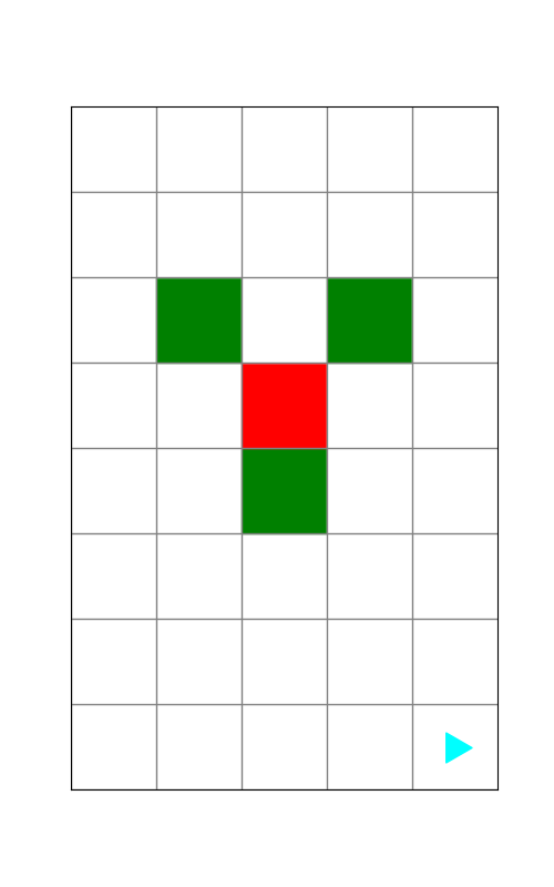 one firework, made of a green square and red square directly above it, and then 2 green squares above and to the left and right