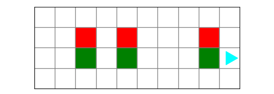 each green square has a red square directly above it, with bit on the right side