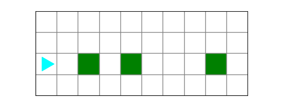 a world with 3 green squares in the same row as bit, spaced apart by at least 1 empty square