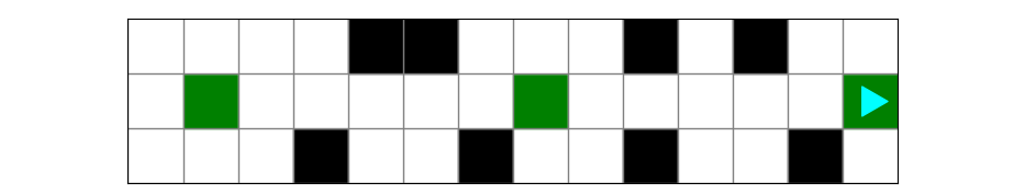 All of the green squares next to black squares have been painted white, bit ending on the right