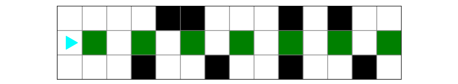 bit starting on the left in the middle row, with green squares in the row. Some green squares have black squares above, some green squares have black squares below, and some have no black squares next to them