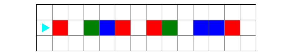 a world with random red, blue, and green squares, all in the same row as bit starting on the left