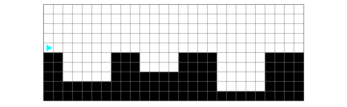 bit starts on the left 6 rows up from the bottom. The world is made up of black squares, the highest squares being one row beneath bit. The sections of lower black squares represent pools.