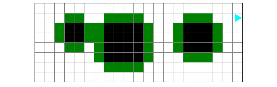 each black rectangle is surrounded by green squares, except for the one square in the corner. Bit ends on the right