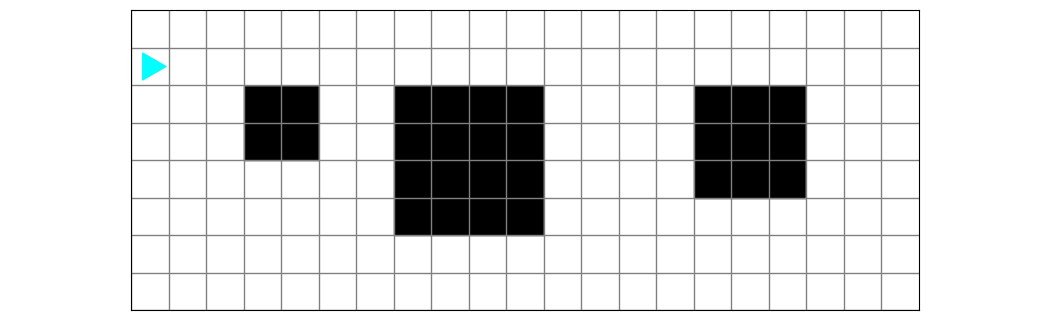a large world with rectangles made of blacks squares in the middle, all one row beneath bit, who starts on the left in the second row from the top