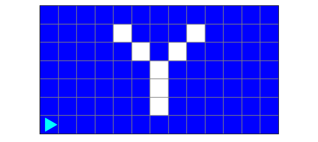 a large Y made up of white squares, every other square is blue, with bit in the bottom left corner